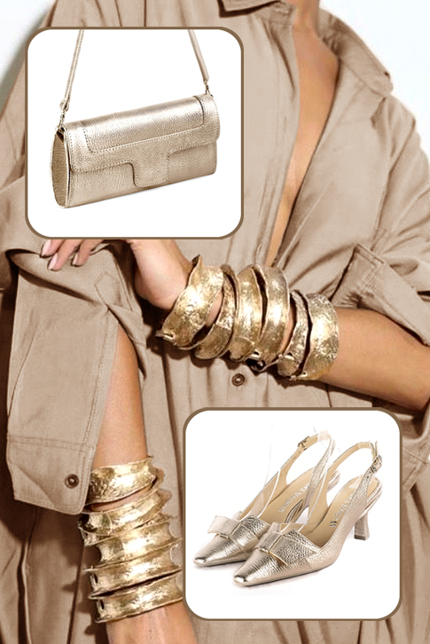 Gold women's slingback shoes. Tapered toe. Medium spool heels. Top view - Florence KOOIJMAN